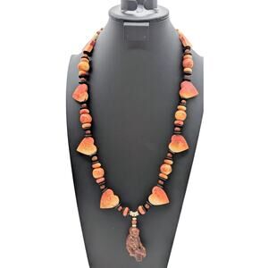 Vintage Apple Sponge Coral Heart Bead Netsuke Man Beating Drum Pendant Necklace